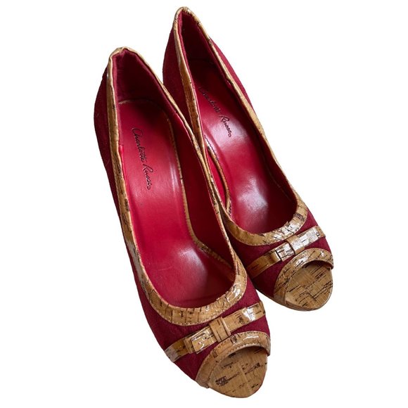 031 Charlotte Russo heels red suede cork bow peep toe 8 SB10 - Picture 1 of 5